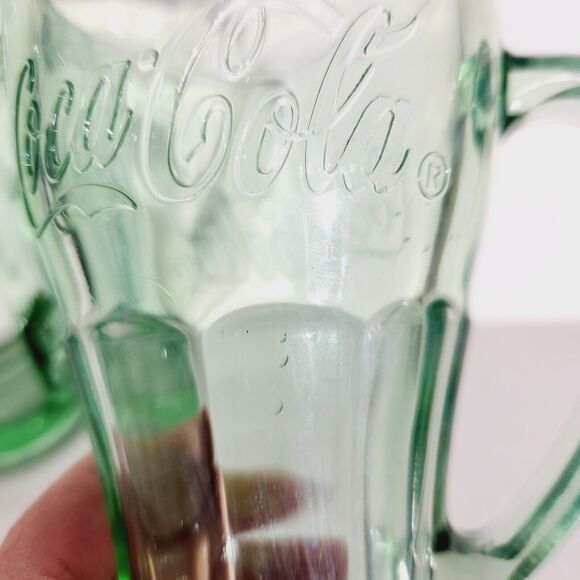 Libbey Coca Cola Mug Drinking Glass Handle Green Glass Vtg Embossed Design Retro - Picture 4 of 12